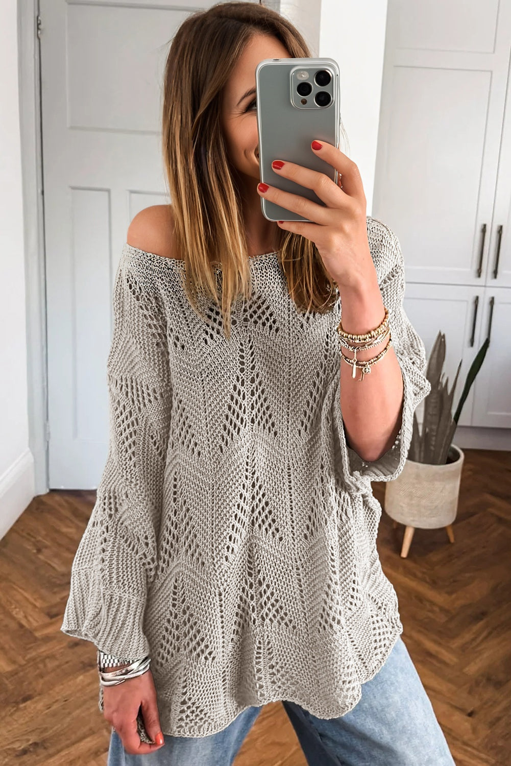 Seagrass Hollow Out Knit 7/8 Sleeve Casual Sweater Sweaters JT's Designer Fashion