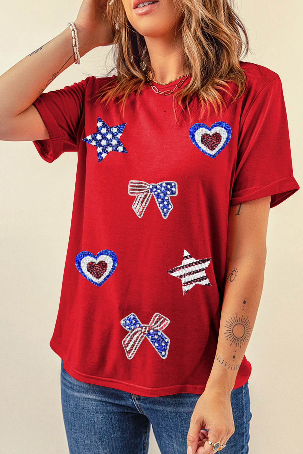 Red American Flag Inspired Sequined Pattern Crewneck Tee Graphic Tees JT's Designer Fashion