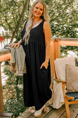 Black Plus Size Sleeveless Button Front Loose Jumpsuit Plus Size Bottoms JT's Designer Fashion