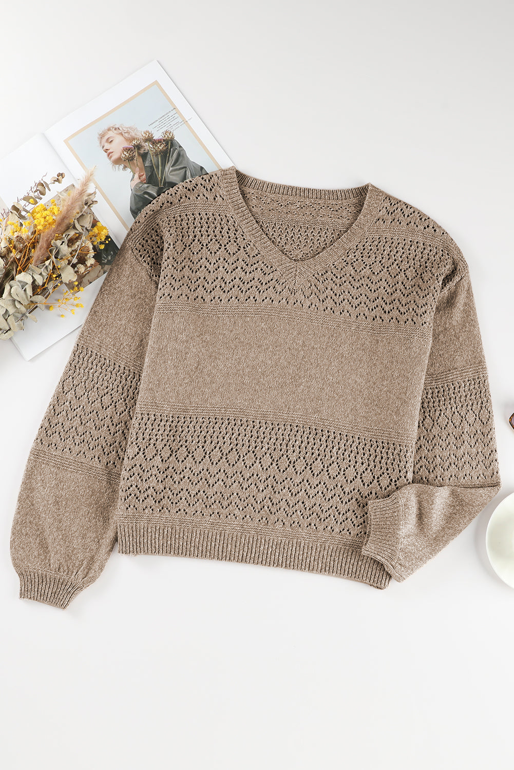 Camel Eyelet Pattern Detail V Neck Drop Shoulder Sweater Sweaters JT's Designer Fashion