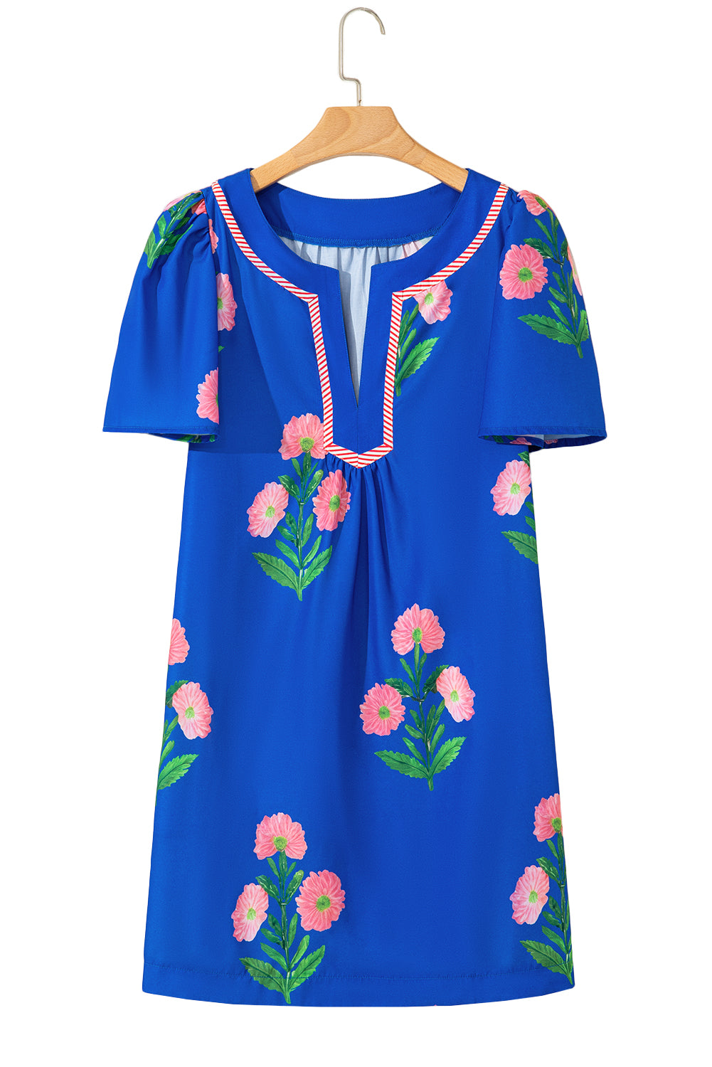 Blue Floral Short Sleeve Split Neck Loose Mini Dress Floral Dresses JT's Designer Fashion