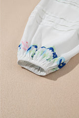 White Floral Print Boho Tassel Tie Split Neck Tucking Detail Puff Sleeve Mini Dress Mini Dresses JT's Designer Fashion