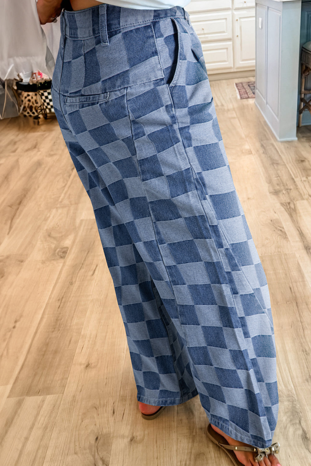 Dusk Blue Checkered Denim Wide Leg Jeans Jeans JT's Designer Fashion
