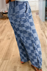 Dusk Blue Checkered Denim Wide Leg Jeans Jeans JT's Designer Fashion