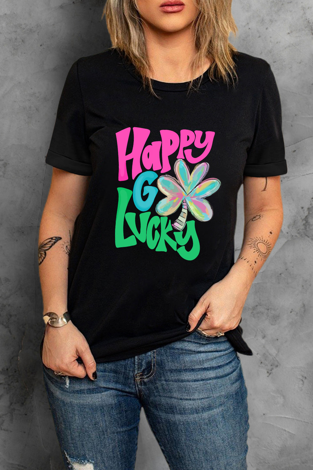 Black Happy GO Lucky Clover Print Crew Neck T Shirt Graphic Tees JT's Designer Fashion