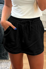 Black French Terry Drawstring Mini Skort with Pockets Black 65%Polyester+35%Cotton Skirts & Petticoat JT's Designer Fashion