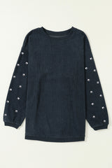 Dark Grey Bead Studded Sleeve Corded Drop Shoulder Sweatshirt Graphic Sweatshirts JT's Designer Fashion