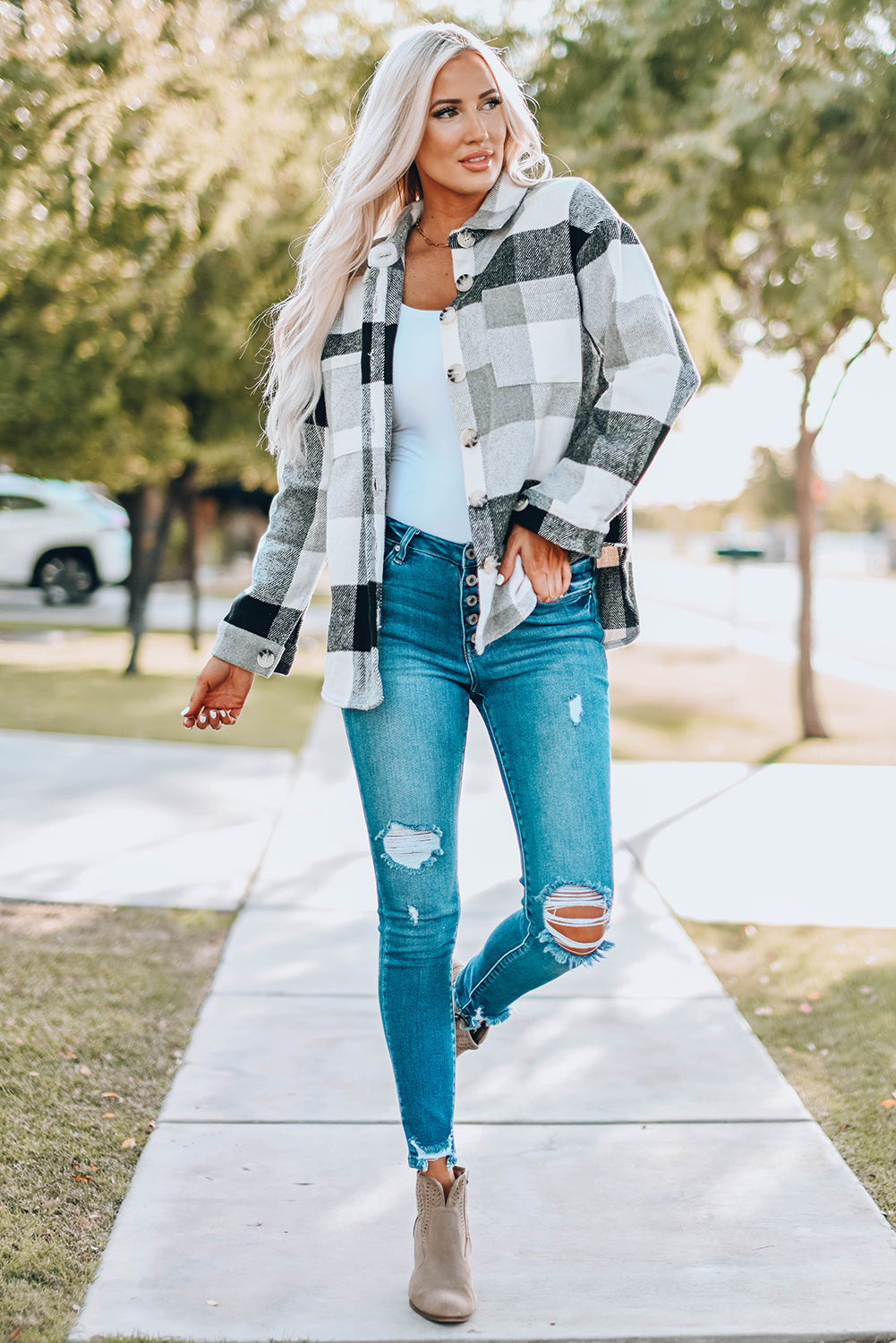 Gray Plaid Color Block Buttoned Long Sleeve Jacket with Pocket Plaid Shackets JT's Designer Fashion