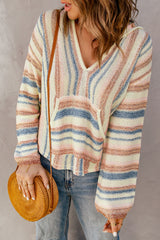 Multicolor Striped Knit Kangaroo Pocket Hooded Sweater Sweaters & Cardigans JT's Designer Fashion