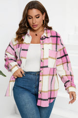 Pink Plaid Color Block Buttoned Long Sleeve Jacket with Pocket Plaid Shackets JT's Designer Fashion
