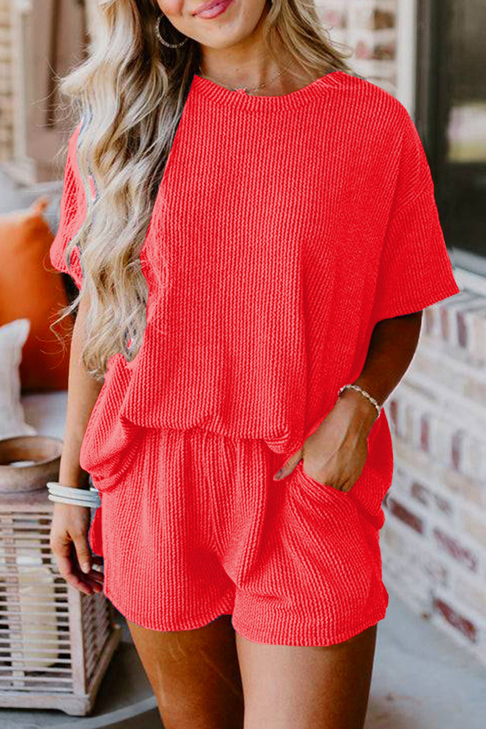 Ribbed Textured Knit Loose Fit Tee and Shorts Set Short Sets JT's Designer Fashion