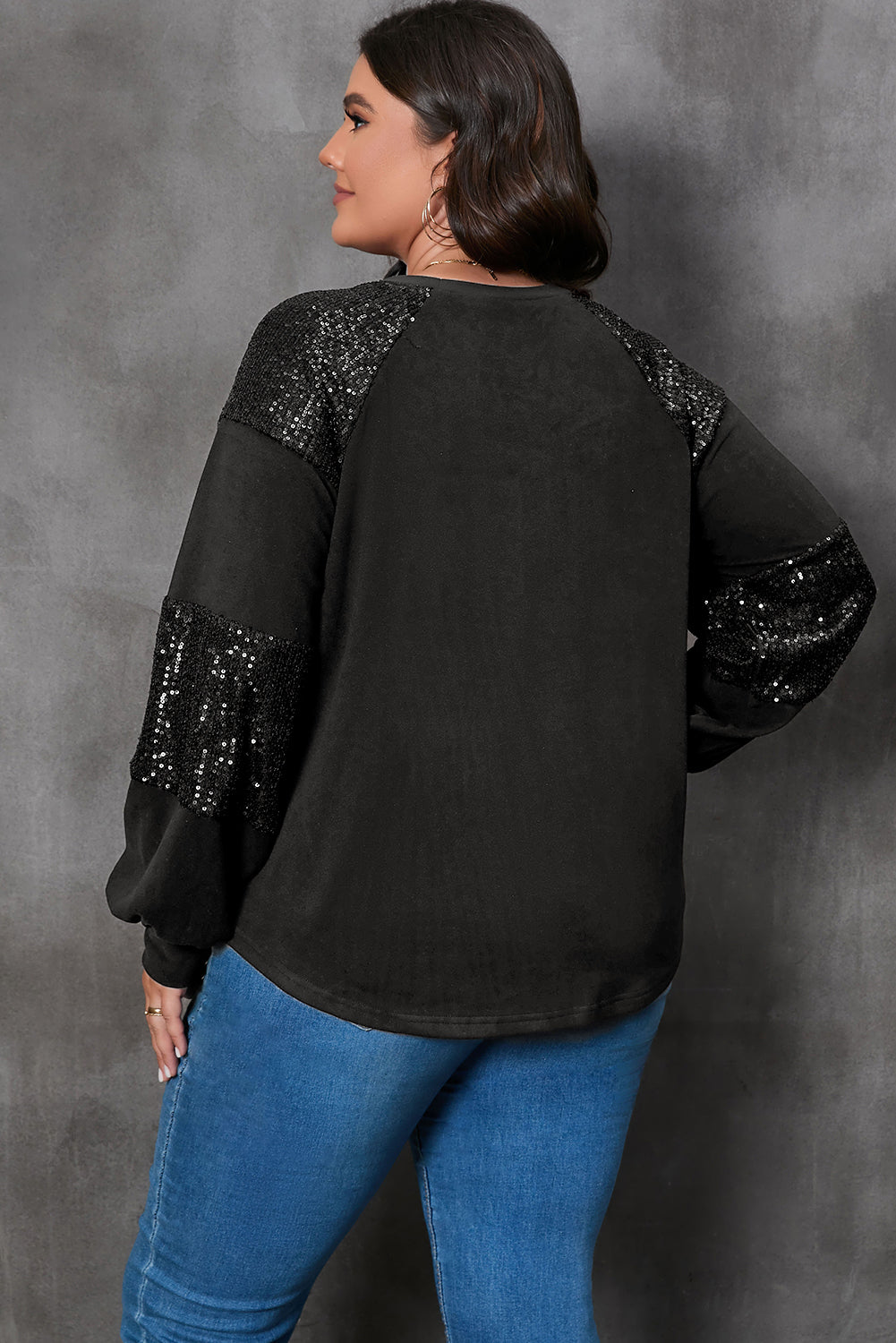 Black Plus Size Sequin Patchwork Top Plus Size JT's Designer Fashion