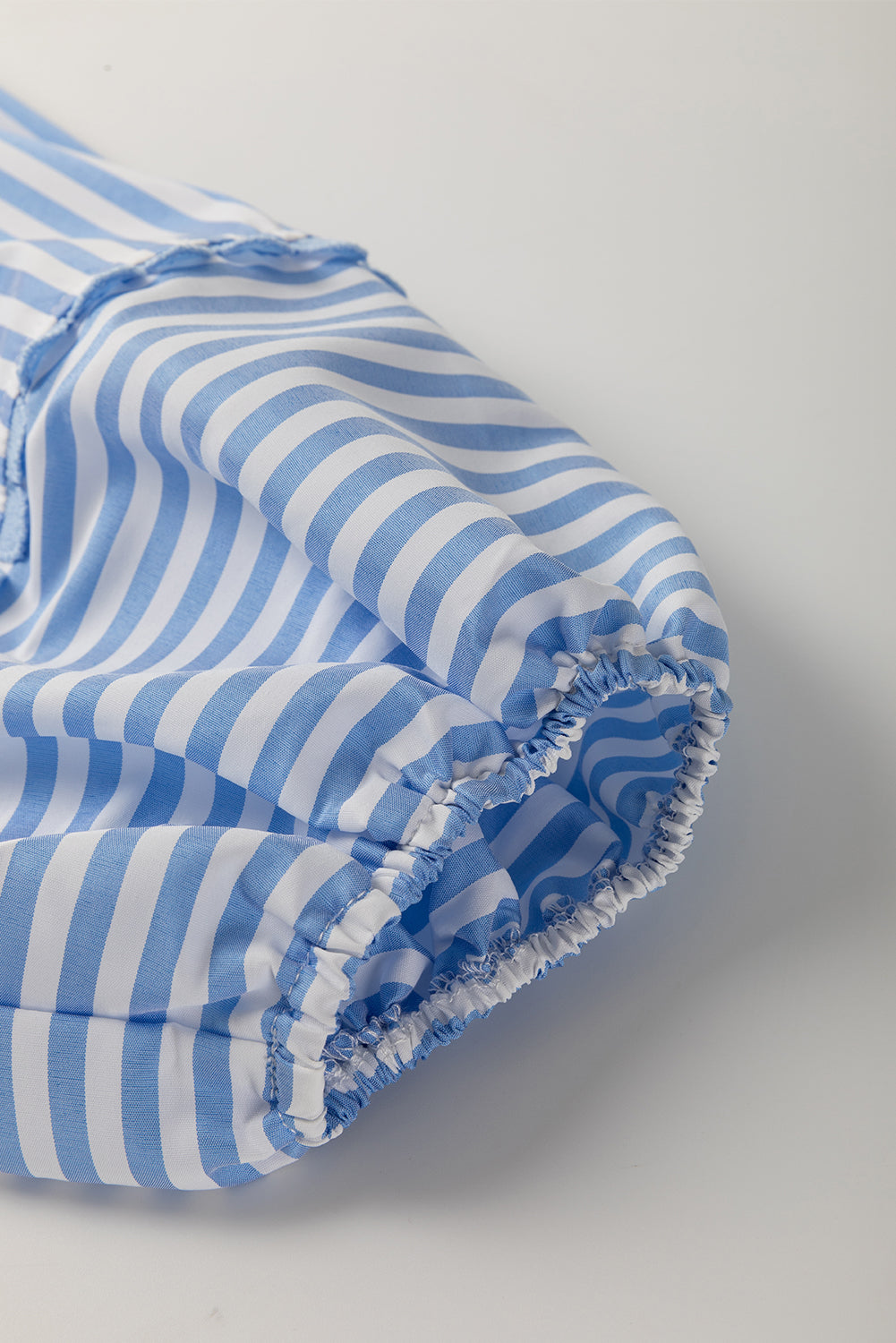 Sky Blue Stripe Shirt Collar V Neck Ricrac Trim 3/4 Puff Sleeve Blouse Blouses & Shirts JT's Designer Fashion
