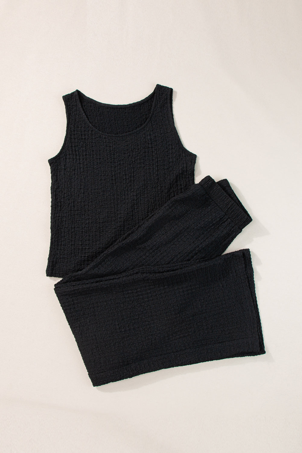 Black Crinkled U Neck Tank Top and Wide Leg Pants Set Pant Sets JT's Designer Fashion