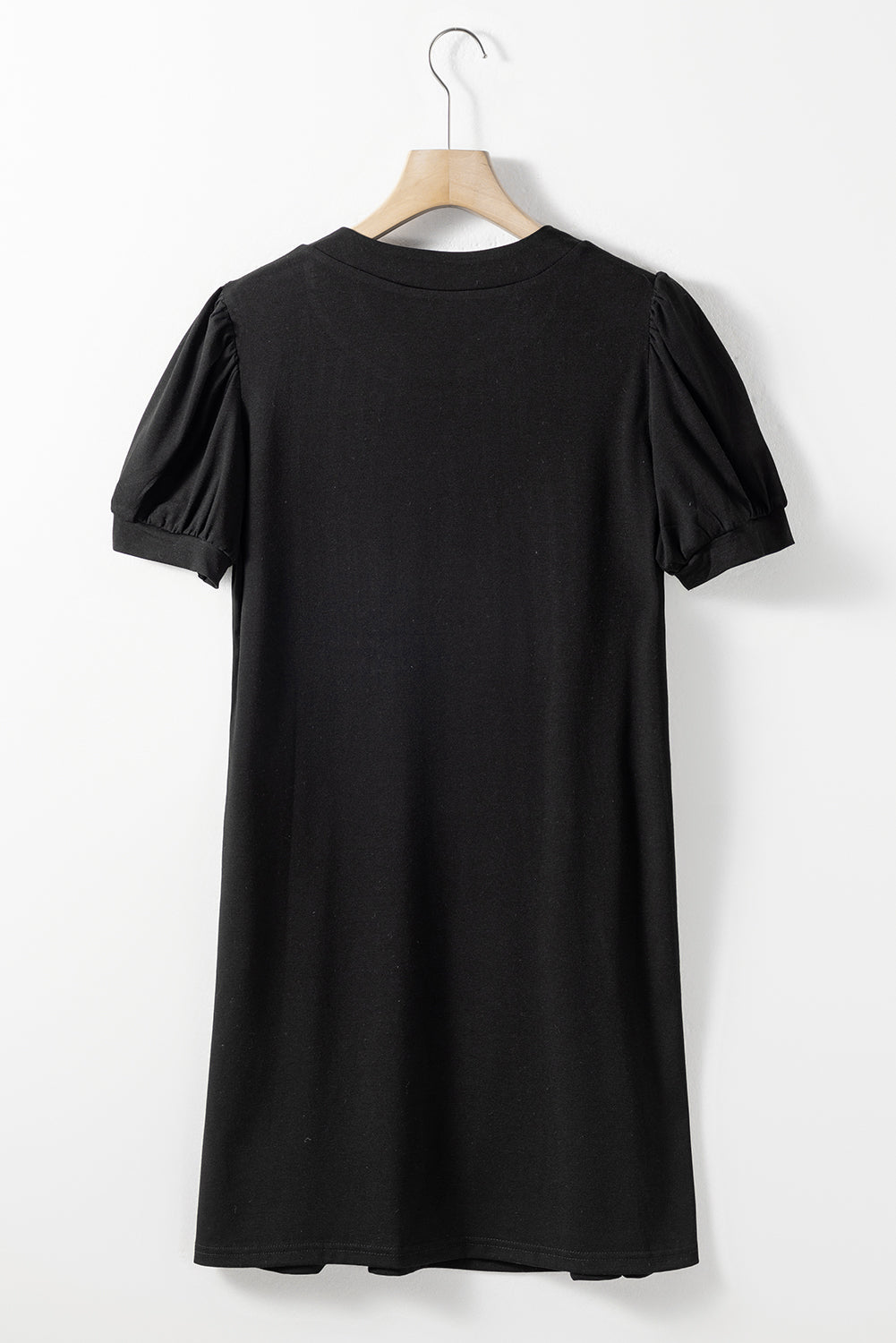 Black Notched Neck Pleated Puff Sleeve Shift T-shirt Dress T Shirt Dresses JT's Designer Fashion