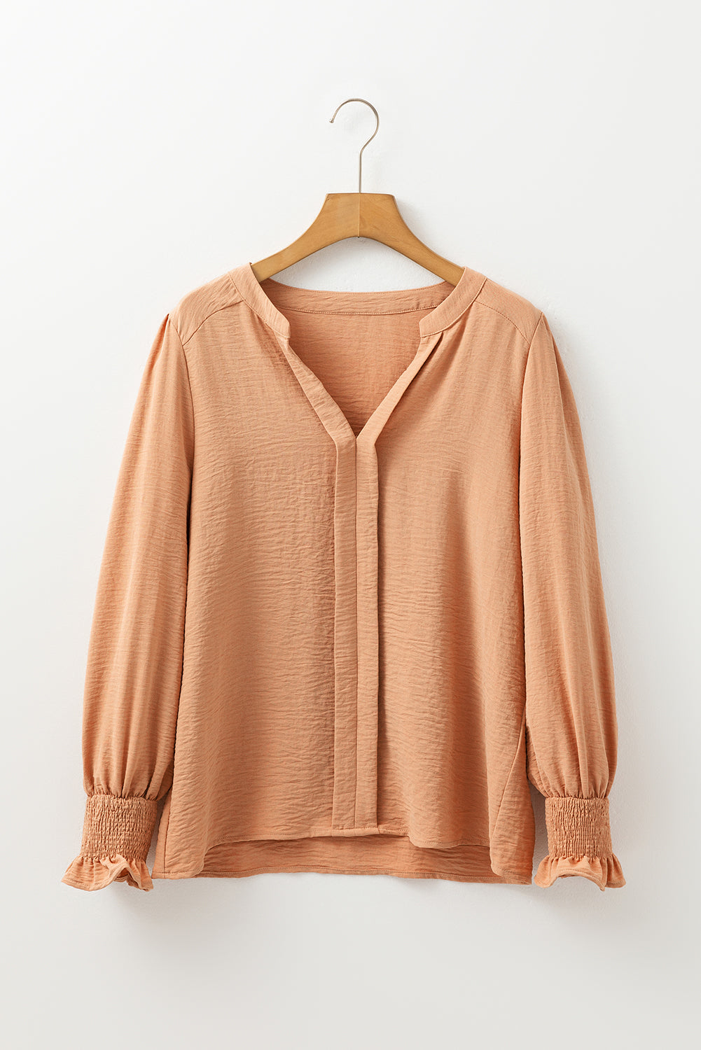 Straw Yellow Solid Color Shirred Cuff Notch V Neck Blouse Blouses & Shirts JT's Designer Fashion