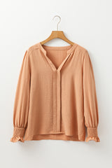 Straw Yellow Solid Color Shirred Cuff Notch V Neck Blouse Blouses & Shirts JT's Designer Fashion