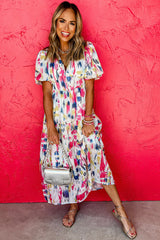 Rose Abstract Print Short Puff Sleeve Tiered Long Dress Maxi Dresses JT's Designer Fashion