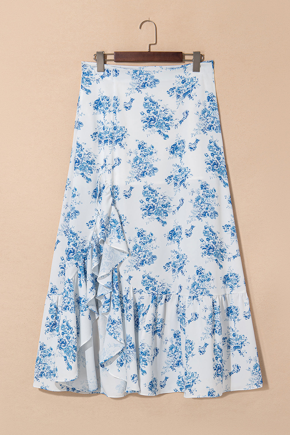 Sky Blue Boho Floral High Waist Ruffle Split Maxi Skirt Skirts & Petticoat JT's Designer Fashion