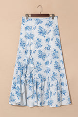 Sky Blue Boho Floral High Waist Ruffle Split Maxi Skirt Skirts & Petticoat JT's Designer Fashion