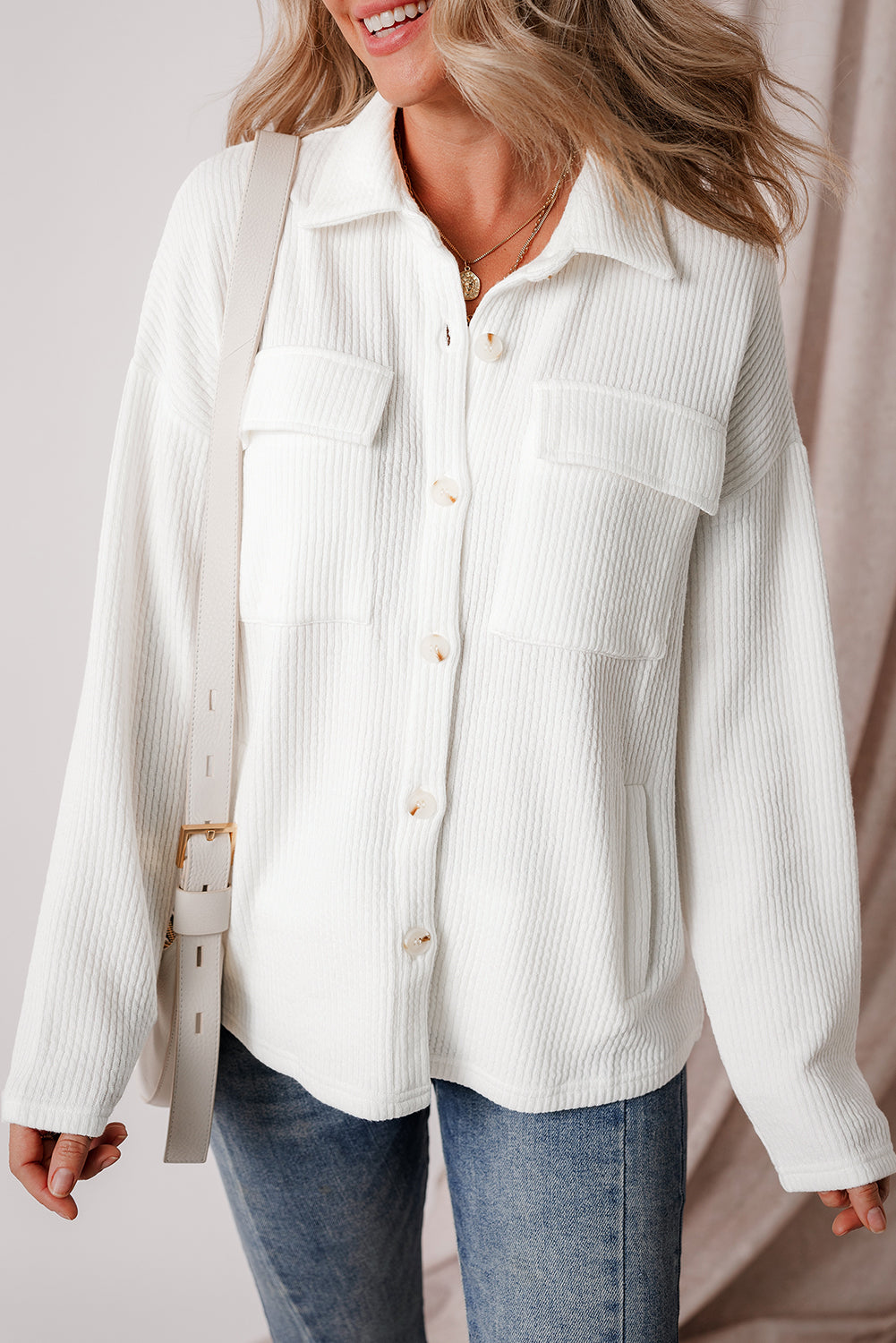 White Solid Color Corduroy Buttoned Long Sleeve Jacket Jackets JT's Designer Fashion