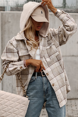 Khaki Plaid Removable Hood Buttoned Shacket Plaid Shackets JT's Designer Fashion