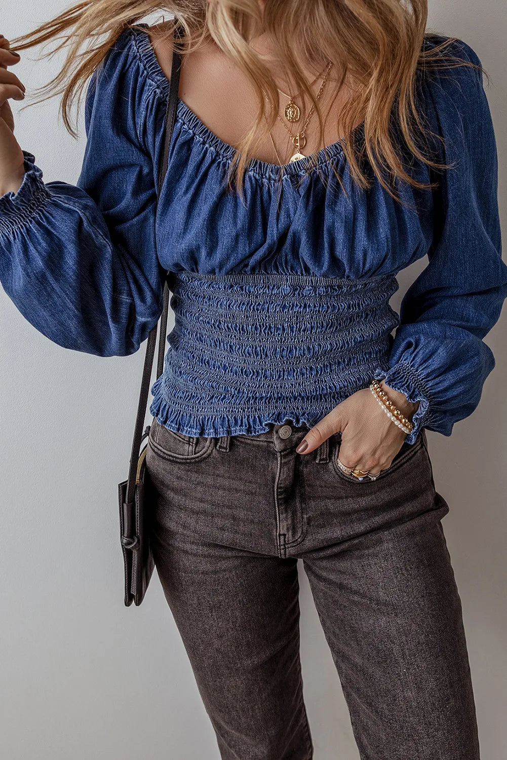 Smocked Long Sleeve Denim Top Long Sleeve Tops JT's Designer Fashion