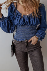 Smocked Long Sleeve Denim Top Long Sleeve Tops JT's Designer Fashion