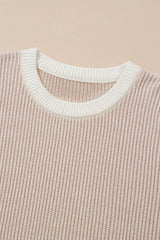 Brown Stripe Plus Size Contrast Trim Crew Neck Rib Knit Drop Shoulder Sweater Plus Size Sweaters & Cardigans JT's Designer Fashion