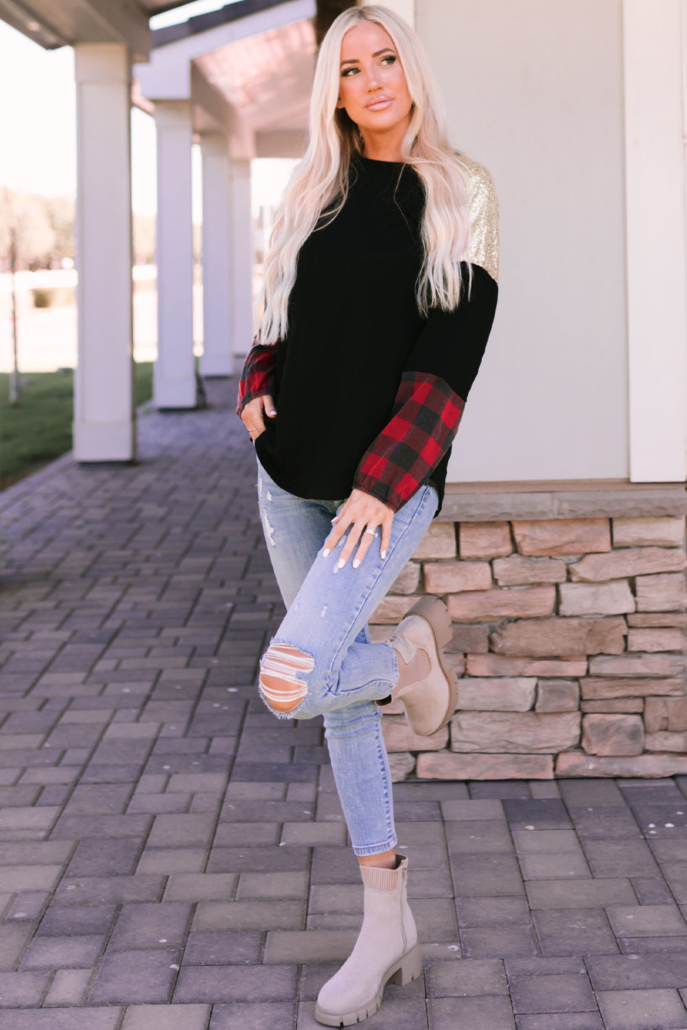 Black Crewneck Lantern Sleeve Plaid Sequin Splicing Blouse Long Sleeve Tops JT's Designer Fashion