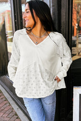 White Twisted Rib Patchwork Embroidered Loose V Neck Long Sleeve Top Blouses & Shirts JT's Designer Fashion