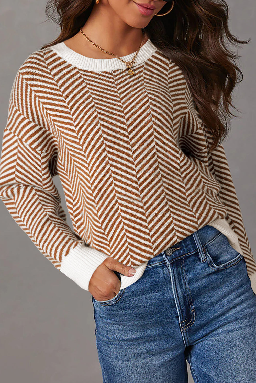 Coffee Contrast Edge Crew Neck Drop Shoulder Sweater Sweaters JT's Designer Fashion