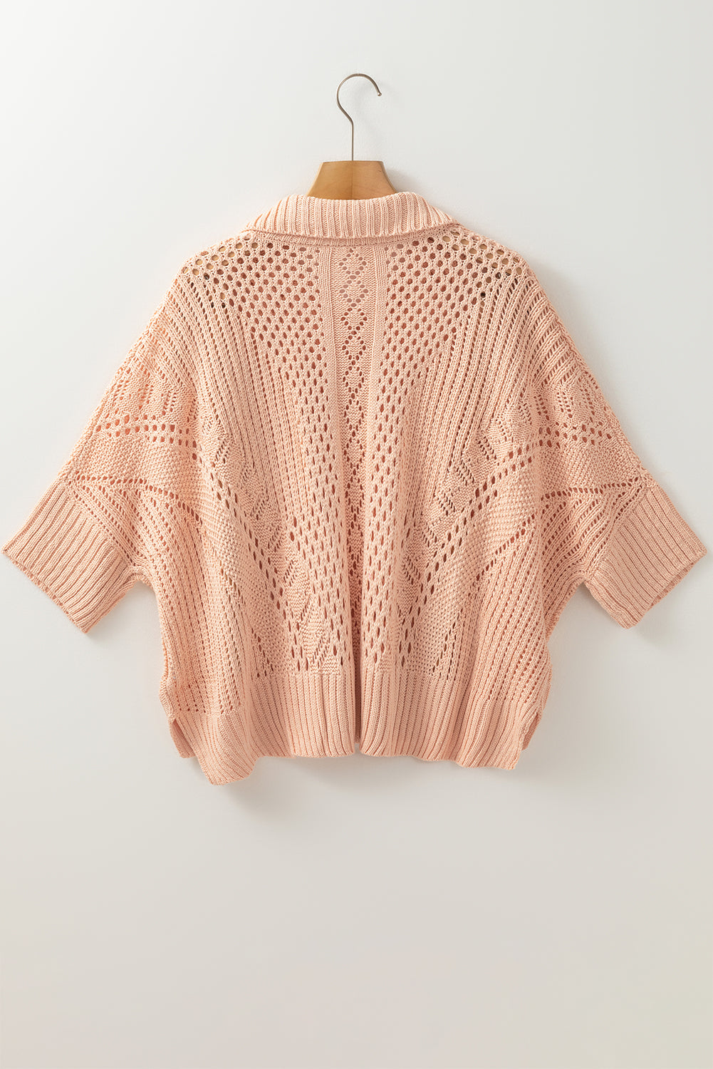 Apricot Pink Hollowed Knit 3/4 Dolman Sleeve Buttoned Collared Sweater Cardigans JT's Designer Fashion