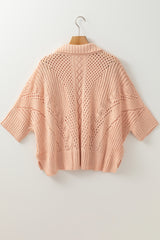Apricot Pink Hollowed Knit 3/4 Dolman Sleeve Buttoned Collared Sweater Cardigans JT's Designer Fashion