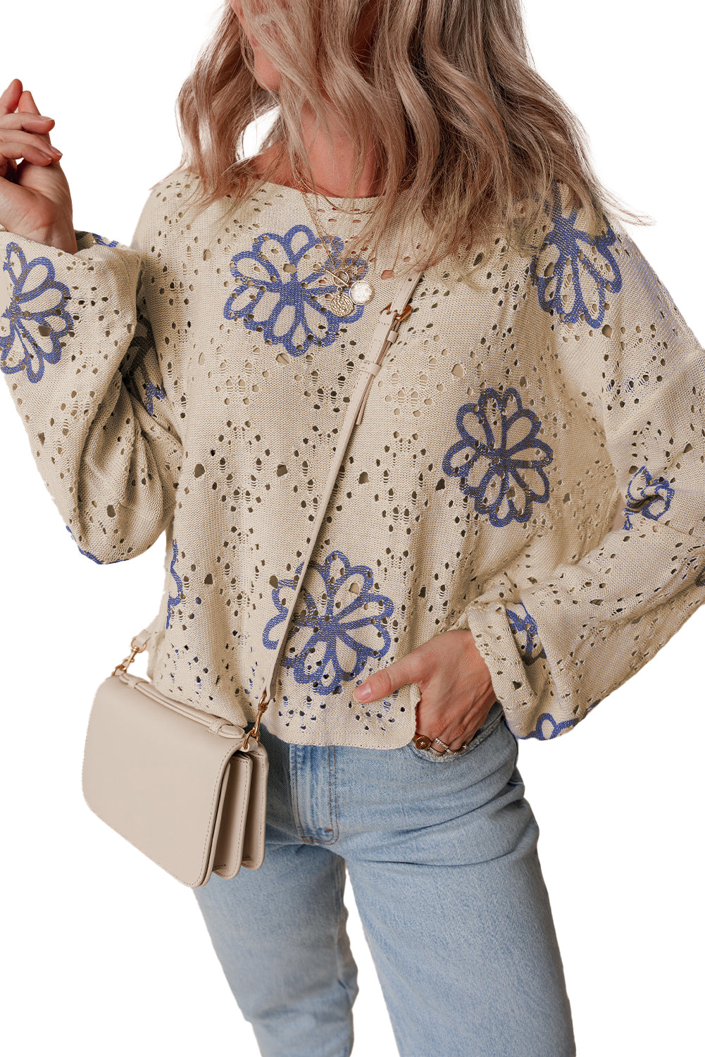 Beige Contrast Flower Print Eyelet Drop Shoulder Sweater Sweaters JT's Designer Fashion