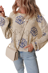 Beige Contrast Flower Print Eyelet Drop Shoulder Sweater Sweaters JT's Designer Fashion