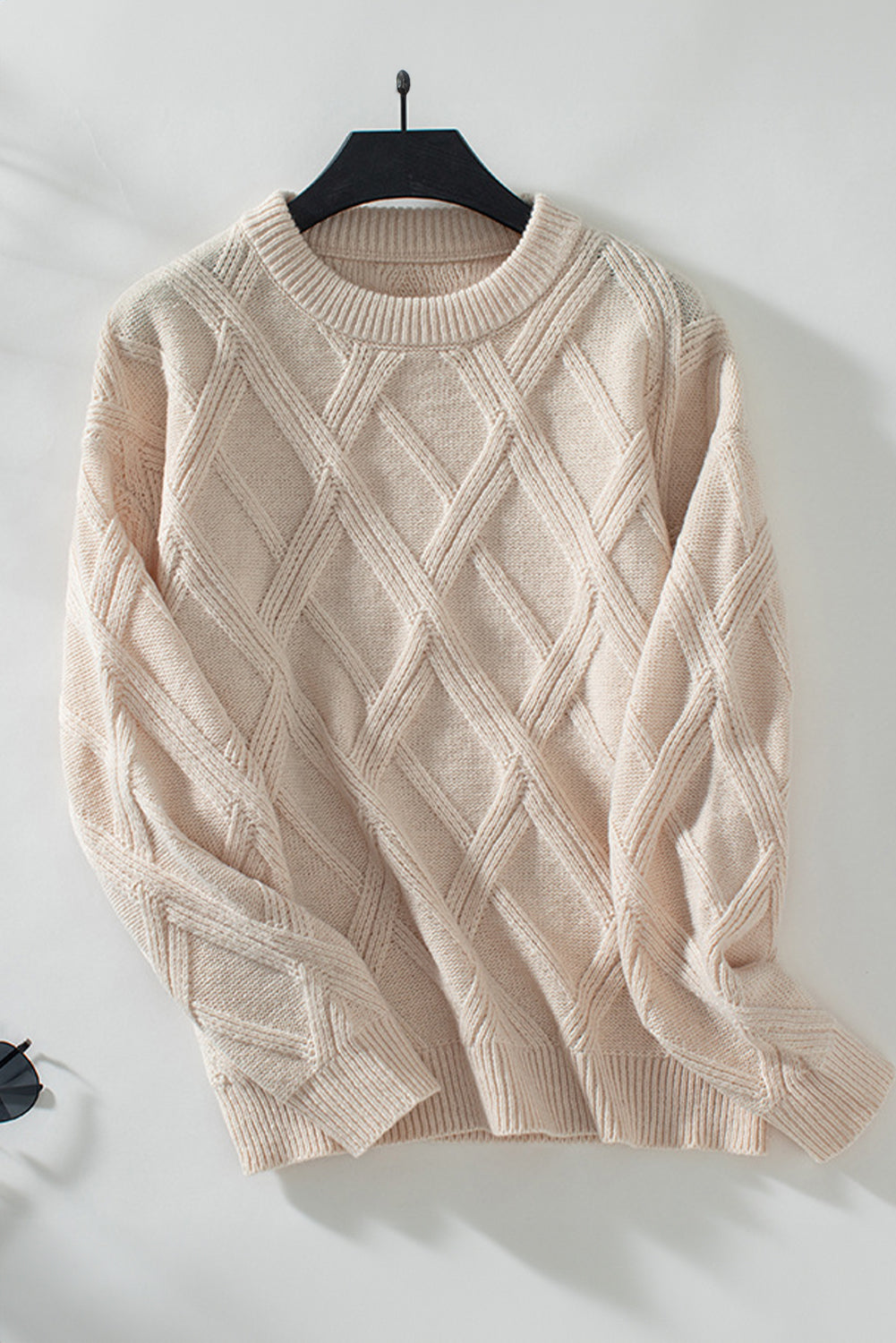 Apricot Diamond Pattern Textured Crew Neck Sweater Sweaters JT's Designer Fashion
