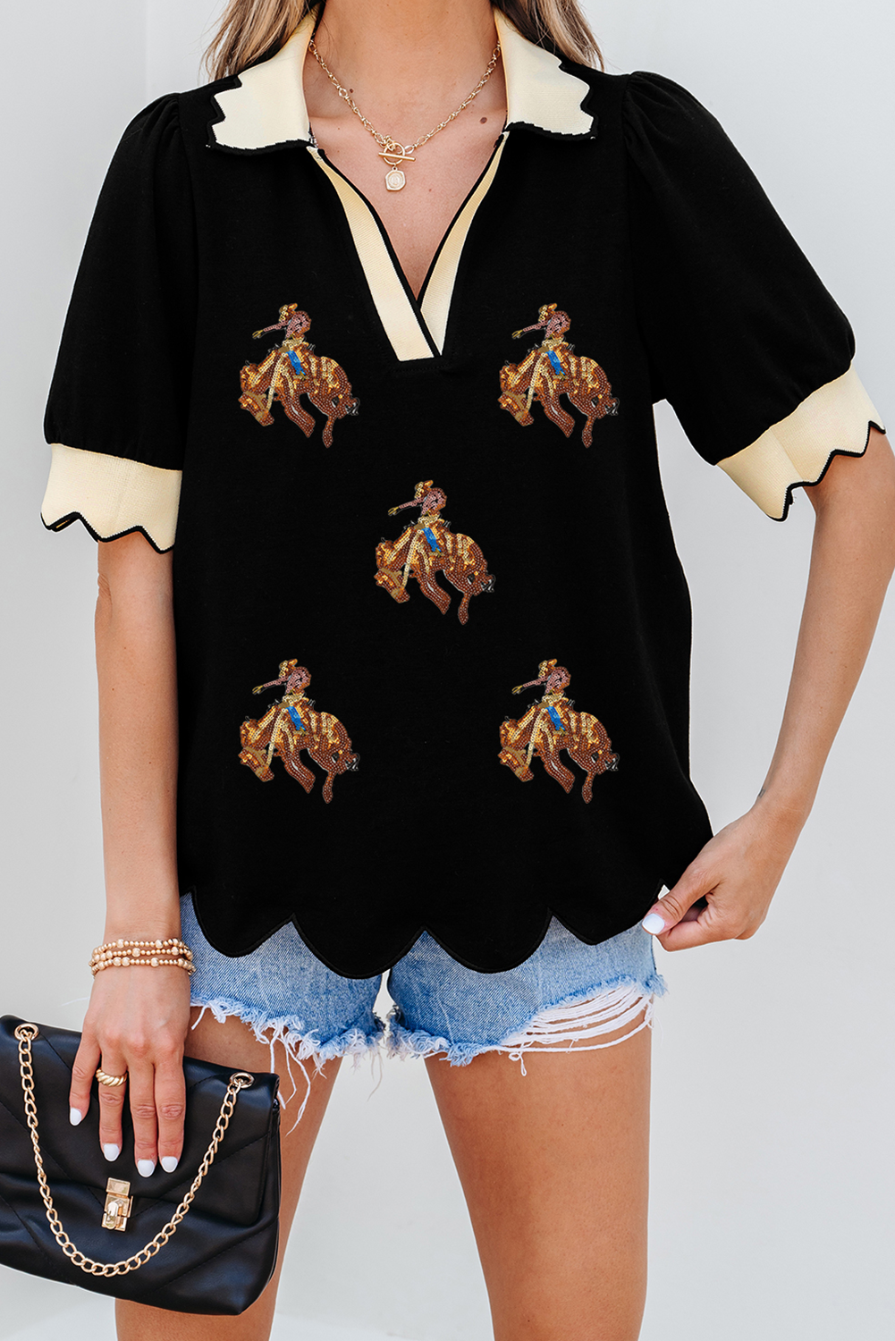 Black Contrast Scalloped Collar Cuffs Rodeo Patched Graphic Short Sleeve Top Graphic Tees JT's Designer Fashion
