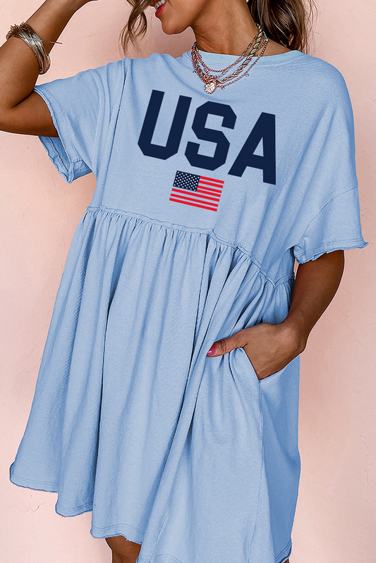 Sky Blue USA Flag Print Short Sleeve High Waist Babydoll Dress Graphic Dresses JT's Designer Fashion