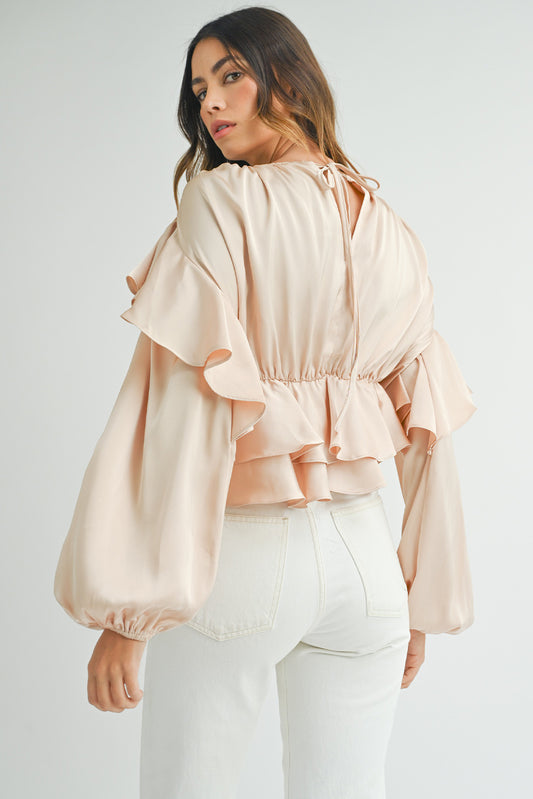 Oatmeal Lace-up Keyhole Back Ruffled Peplum Blouse Blouses & Shirts JT's Designer Fashion
