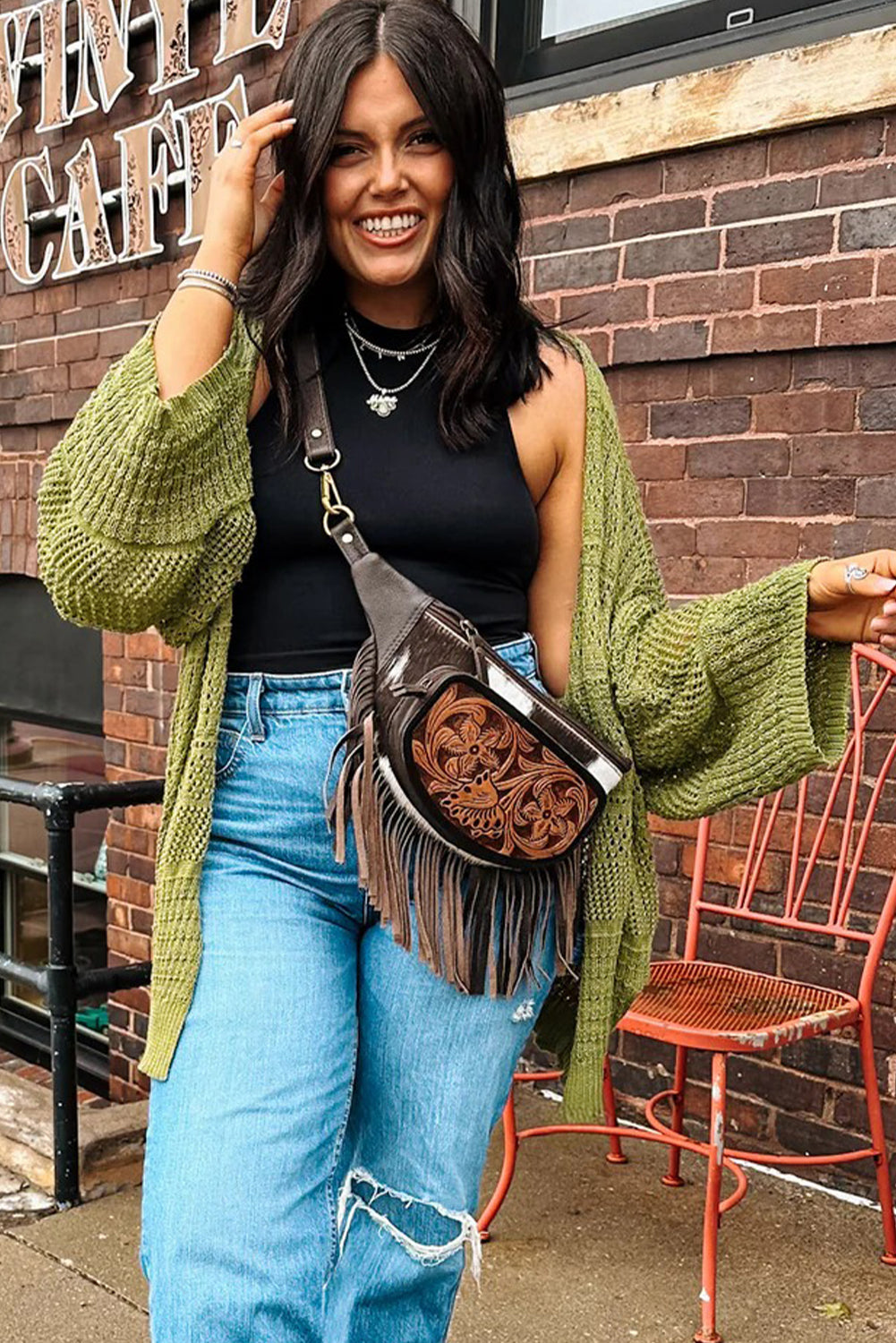 Spinach Green Oversize Crochet Knit Open Cardigan Cardigans JT's Designer Fashion