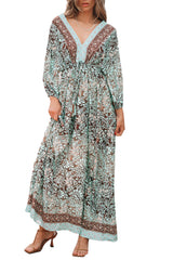 Green Boho Floral Print Lace-up Open Back High Waist Maxi Dress Floral Dresses JT's Designer Fashion