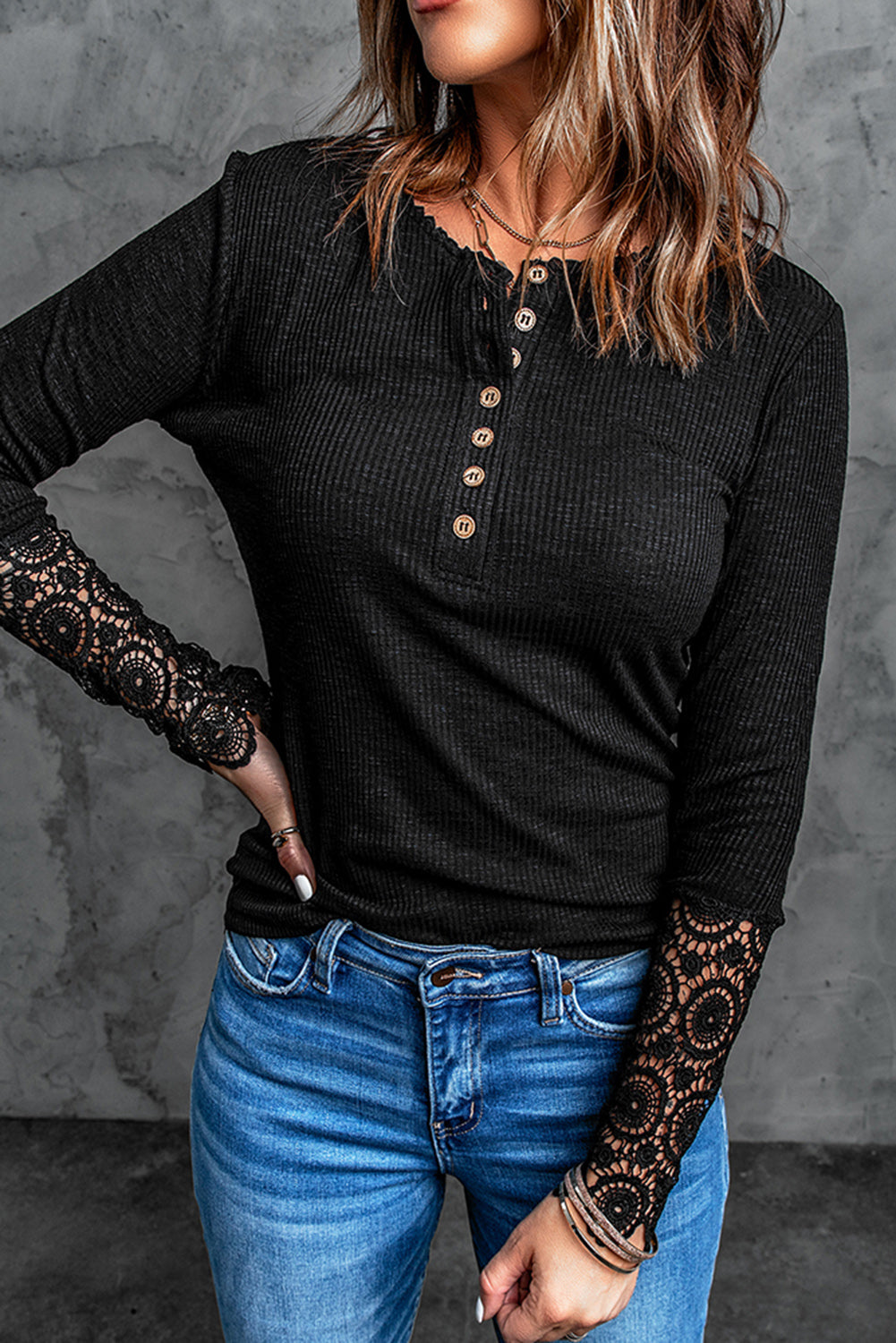 Black Crochet Lace Hem Sleeve Button Top Long Sleeve Tops JT's Designer Fashion