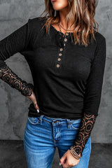 Black Crochet Lace Hem Sleeve Button Top Long Sleeve Tops JT's Designer Fashion