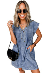 Beau Blue Tie V Neck Tucking Detail Short Sleeve Denim Shift Dress Mini Dresses JT's Designer Fashion