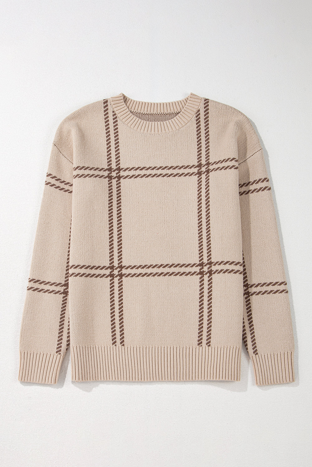 Khaki Plaid Pattern Knitted Drop Shoulder Sweater Sweaters JT's Designer Fashion