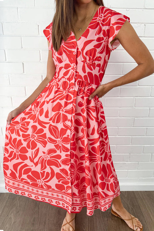 Red Boho Floral Short Sleeve V Neck Buttoned Shirred Waist Long Dress Red 100%Polyester Floral Dresses JT's Designer Fashion