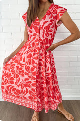 Red Boho Floral Short Sleeve V Neck Buttoned Shirred Waist Long Dress Red 100%Polyester Floral Dresses JT's Designer Fashion