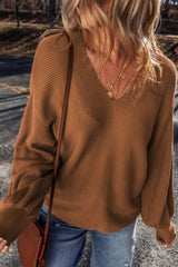 Camel Ribbed Knit Drop Sleeve V Neck Loose Fit Sweater Sweaters JT's Designer Fashion
