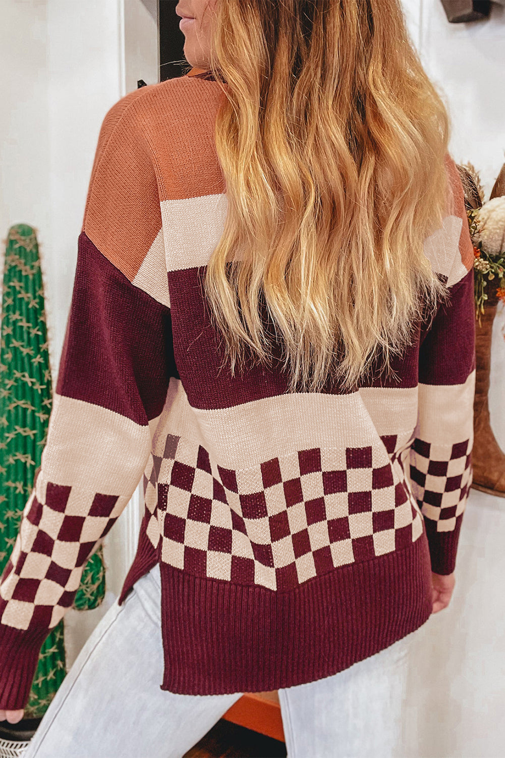 Brown Checkered Color Block Knitted Drop Shoulder Sweater Sweaters JT's Designer Fashion
